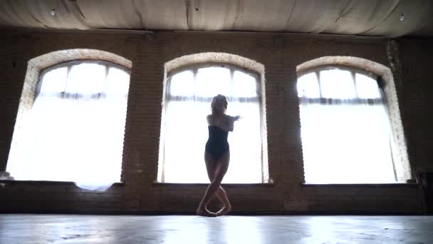 Silhouet van een jonge goed gevormde ballerina dansend op het enorme raam. Concept van gezond en schoonheid — Stockvideo