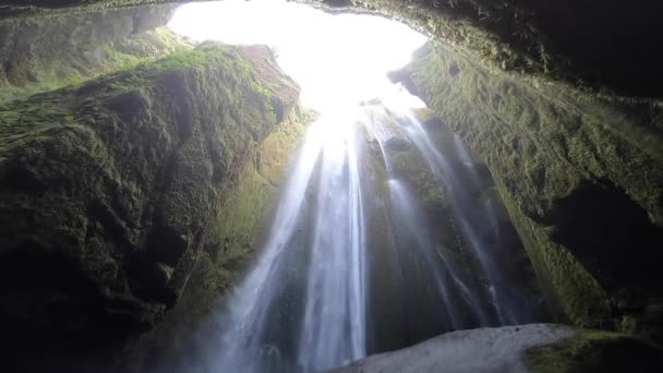 Powerful waterfall Gljufrabui in the cave, slow motion, Iceland — Stock Video