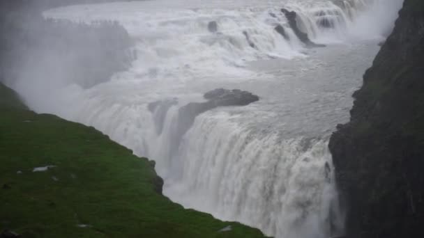 Gullfoss Waterfall on Cloudy Day. Iceland. Slow Motion — Stockvideo