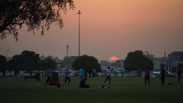 Sylwetka grupy dzieciaków bawiących się w piłkę nożną. ASPIRE PARK, Doha, Katar, styczeń 2020 r.. — Wideo stockowe