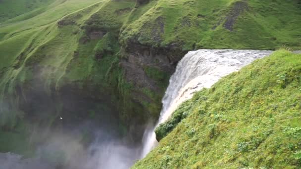Водопад Скогафосс сверху в замедленной съемке во время заката. Исландия — стоковое видео