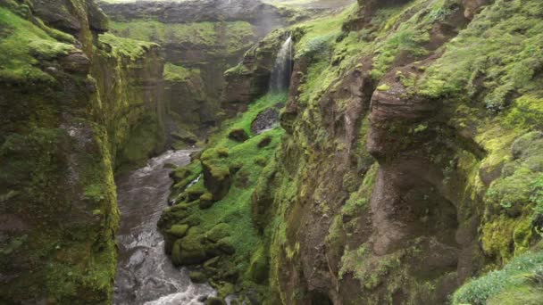 Movimiento lento del hermoso río en el cañón verde con diminuta cascada en Islandia . — Vídeo de stock