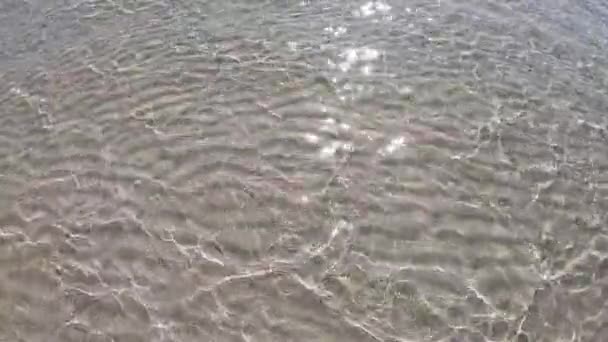 4k saktebevegelse av krystallklart vann og hvit sand – stockvideo