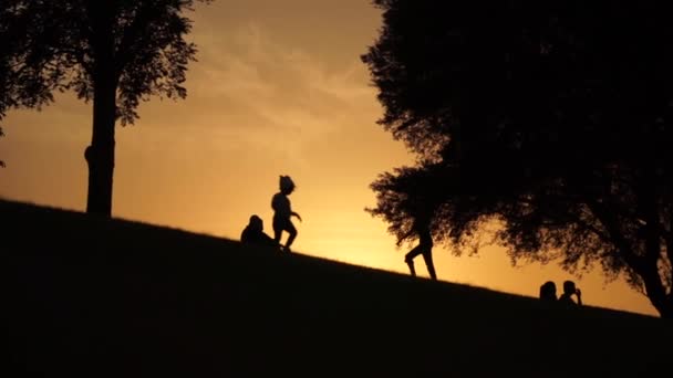 Силуэт детей, идущих вверх по холму к дереву на закате в замедленной съемке — стоковое видео