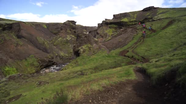 Grupo de turistas descendo por montanhas verdes na trilha de caminhadas Fimmvorduhals. Islândia — Vídeo de Stock