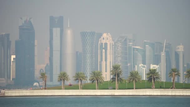Ντόχα, Κατάρ, Ιανουάριος 2020. Πανοραμική άποψη του σύγχρονου ορίζοντα της Ντόχα με Palms πρώτο πλάνο. Έννοια του υγιούς περιβάλλοντος — Αρχείο Βίντεο