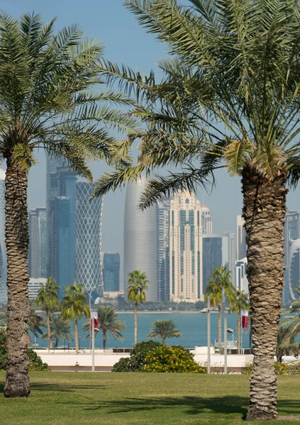 Blick auf die moderne Skyline von Doha durch verschwommene Palmen. Katar an sonnigem Tag — Stockfoto