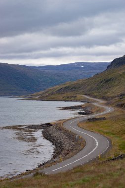 İzlanda Westfjord 'dan güzel yolu, fiyordu ve kıyısı olan manzaralı bir yer.