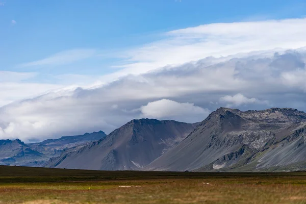 Paisaje islandés con montañas, cielo azul y hierba verde en primer plano. Parte del fiordo oeste — Foto de Stock