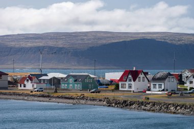 Yaz boyunca Batı Fiyort 'taki Patreksfjordur şehrinin manzarası. İzlanda