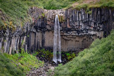 İzlanda şelalesi tanrıların uçurumuna yakından bakıyor. Yaz manzarasında uzun süre su akıntısı var.