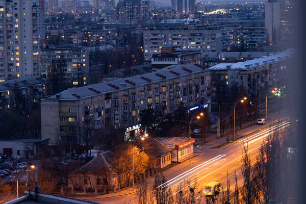 Aerial shot of colorful residential buildings during sunset. Real estate and housing in Kyiv, Ukraine. comfort town.