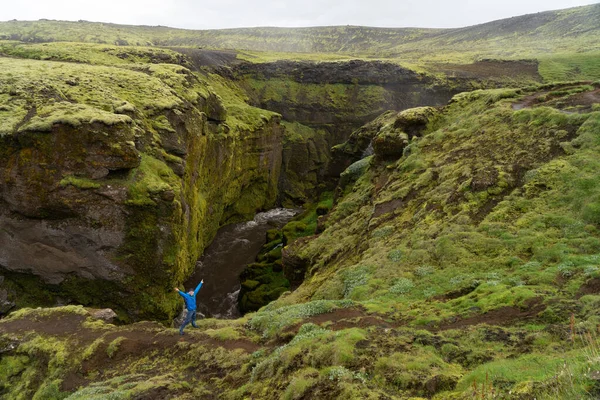 Людина дивиться на прекрасну річку з крихітним водоспадом в Ісландії, оточений зеленою скелею. — стокове фото