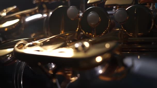 Goldglänzendes Altsaxophon mit blauem Rauch. Konzept von Anmut und Eleganz — Stockvideo