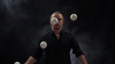 Siyah bir jonglör ve beyaz toplar takan bir adam. Yönetim, kontrol ve başarı