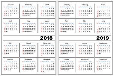 Takvim şablonu 2018, 2019 
