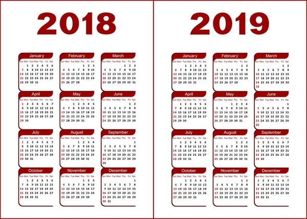 Calendario 2018, 2019 — Archivo Imágenes Vectoriales