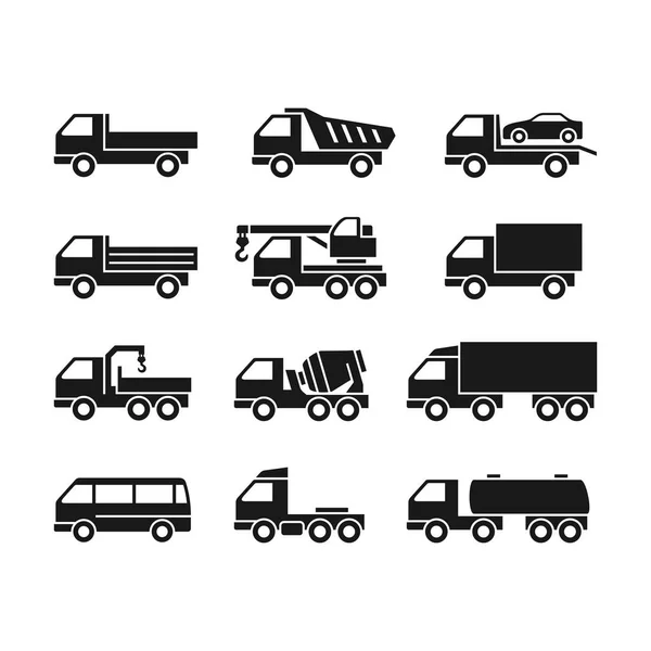 Ensemble Icônes Noires Camions Sur Fond Blanc Camions Fonction Différente — Image vectorielle