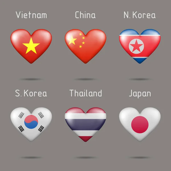 Güneydoğu Doğu Asya Bayrakları Kalp Şeklinde Ülkeler — Stok Vektör