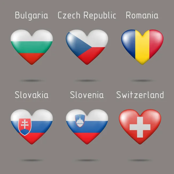 Flags European Countries Shape Hearts — Stock Vector