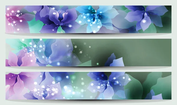 Conjunto de tres pancartas horizontales con hermosas flores — Archivo Imágenes Vectoriales