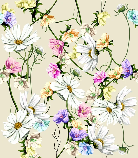 Watercolor poppy, cornflower, daisy wild flowers background