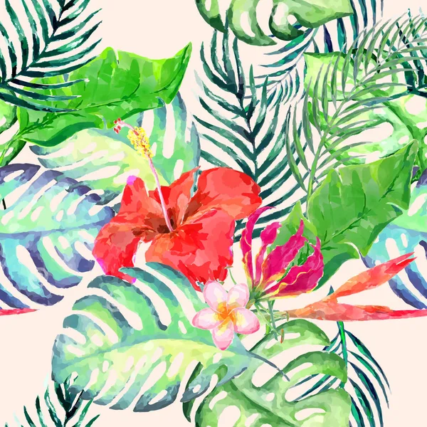 Padrão sem costura com flores tropicais em estilo aquarela . — Vetor de Stock