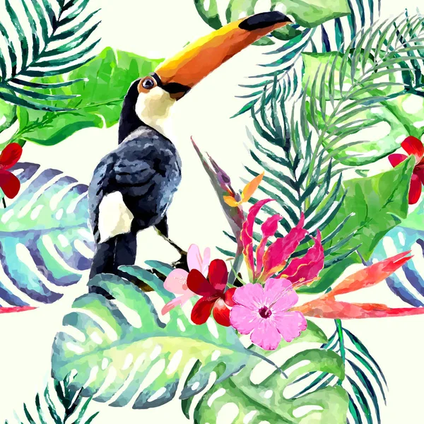 Aquarel wilde exotische vogels op naadloze veldboeket patroon op witte achtergrond. — Stockvector