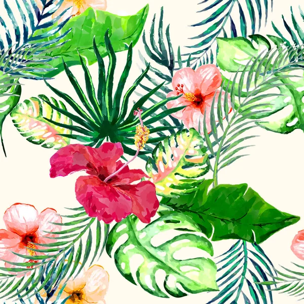 Seamless pattern with tropical flowers in watercolor style. — Stock Vector