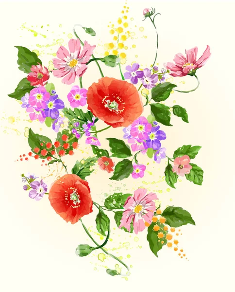 Watercolor poppy, cornflower, daisy wild flowers background — Stock Vector