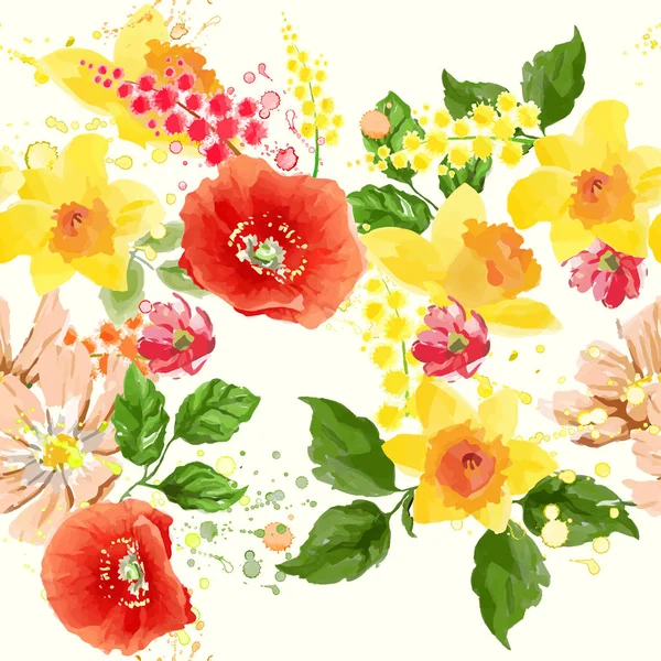 水彩罂粟，矢车菊，雏菊野生花卉背景 — 图库矢量图片