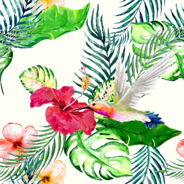 Akvarell vilda exotiska fåglar på blommor seamless mönster på vit bakgrund. — Stock vektor