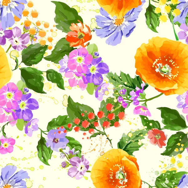 水彩罂粟，矢车菊，雏菊野生花卉背景 — 图库矢量图片
