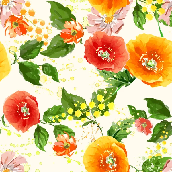 Akvarell vallmo, blåklint, daisy vilda blommor bakgrund — Stock vektor