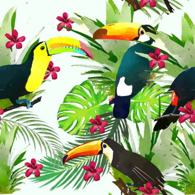 Watercolor Wild exotic birds on flowers seamless pattern clipart