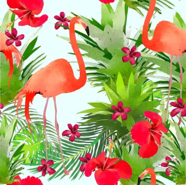  Sulu Boya vahşi egzotik kuşlar çiçekler seamless modeli üzerinde