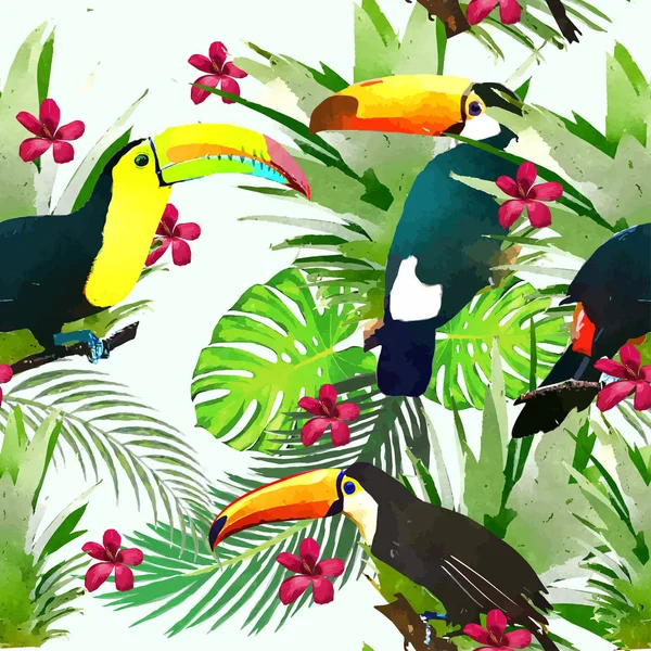 Aquarel wilde exotische vogels op naadloze veldboeket patroon — Stockvector