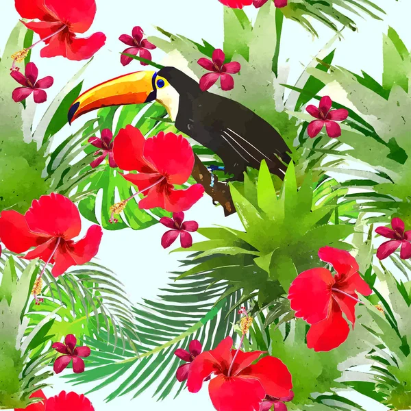 Aquarela Aves exóticas selvagens em flores sem costura padrão —  Vetores de Stock