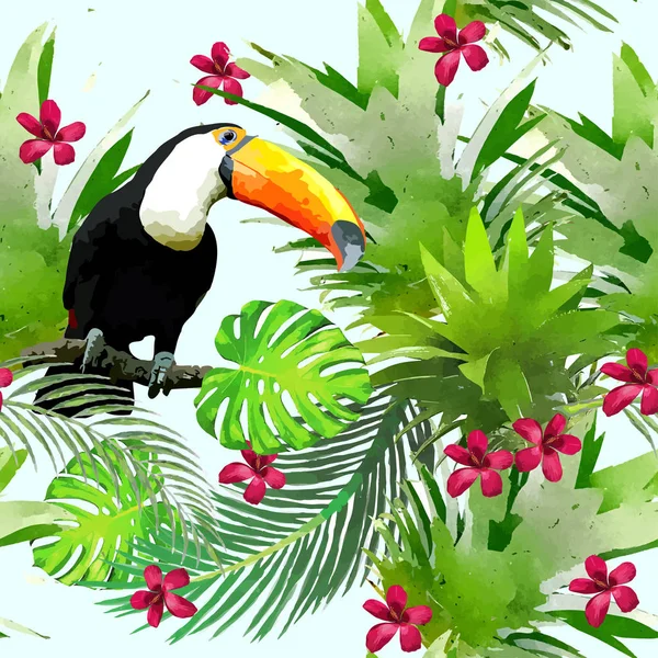 Warna air Burung liar eksotis pada bunga pola mulus - Stok Vektor
