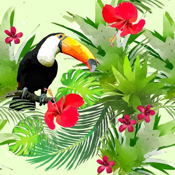 Aquarell wilde exotische Vögel auf Blumen nahtloses Muster — Stockvektor