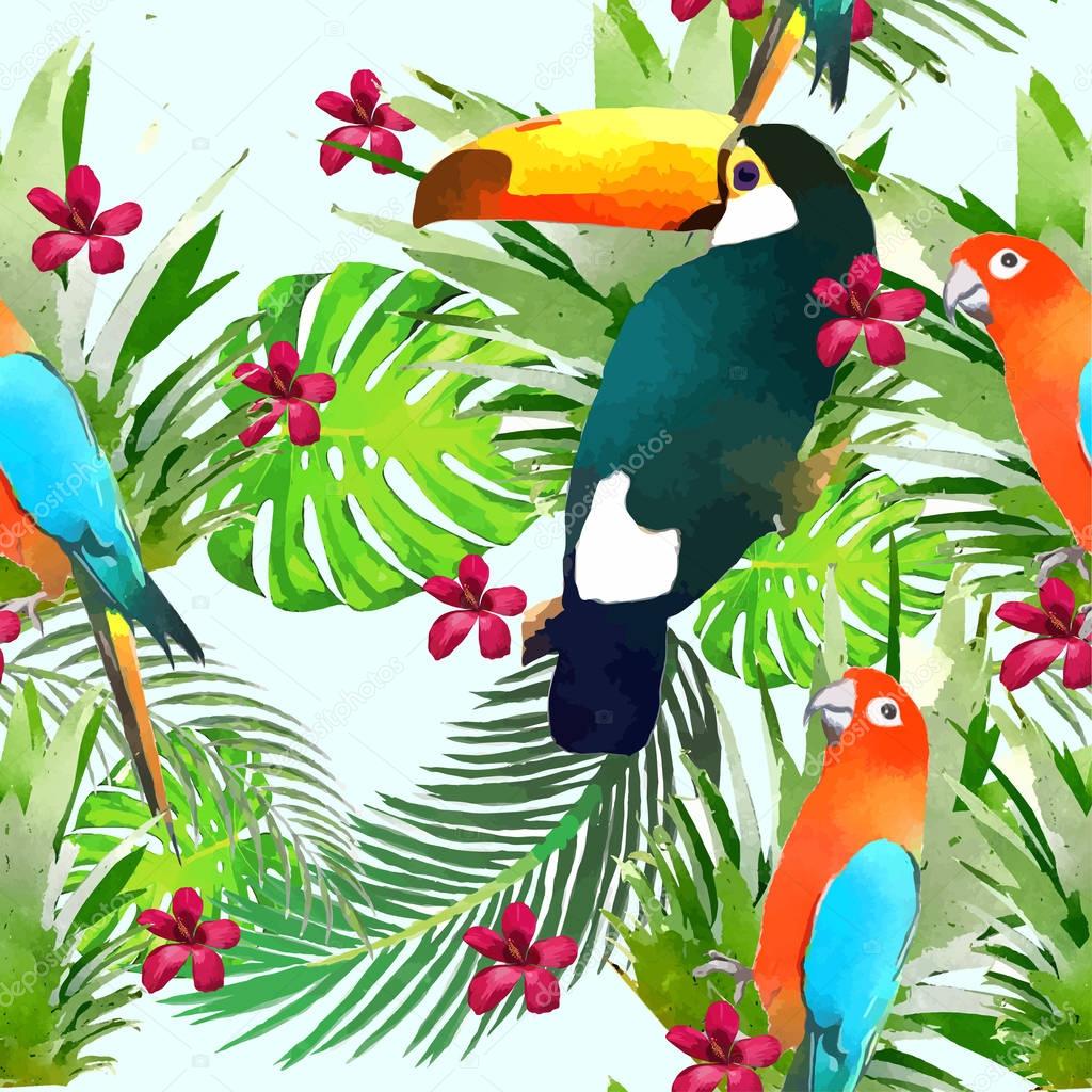  Watercolor Wild exotic birds on flowers seamless pattern