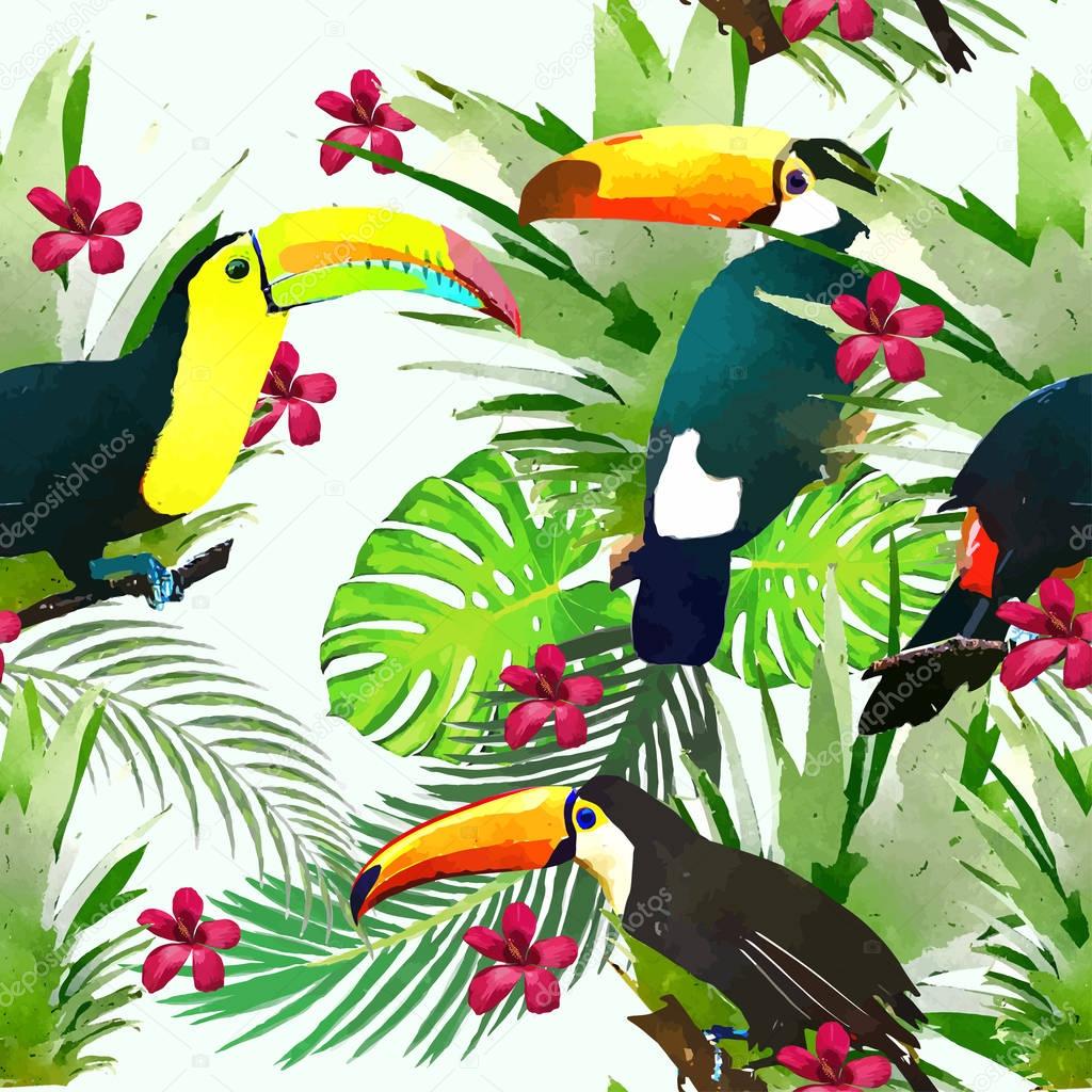  Watercolor Wild exotic birds on flowers seamless pattern