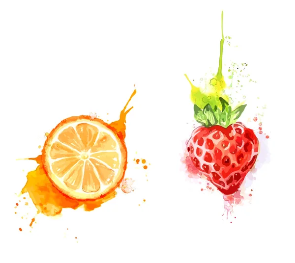 Aquarela pintura frutas e bagas —  Vetores de Stock