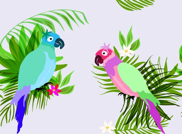 Tropische Vögel mit Blumen. nahtloses Muster — Stockvektor