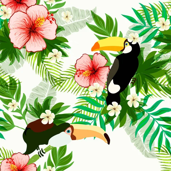 Tropische Vögel mit Blumen. nahtloses Muster — Stockvektor