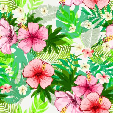 Tropikal yaprak ve çiçek ile Seamless egzotik modeli.