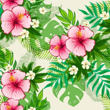 Tropikal yaprak ve çiçek ile Seamless egzotik modeli.