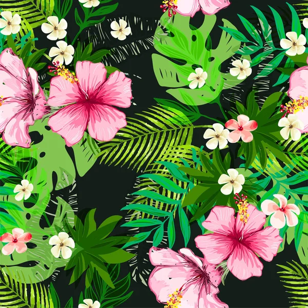 Modèle exotique sans couture avec des feuilles tropicales et des fleurs . — Image vectorielle