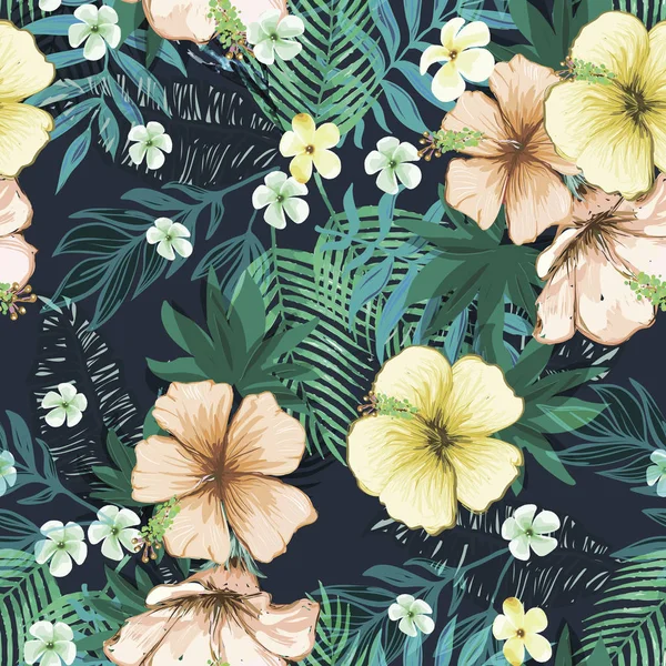 熱帯の葉と花のシームレスなエキゾチックなパターン.  — 無料ストックフォト
