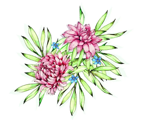 Renkli Çiçek Koleksiyonu Yaprak Çiçek Suluboya Çizim Ile — Stok Vektör